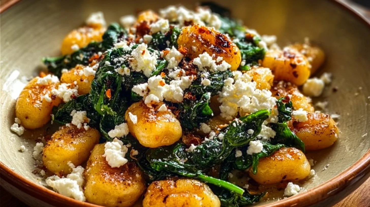 Creamy gnocchi with spinach and feta served in a bowl