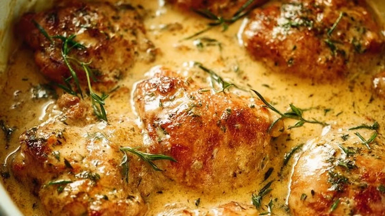 Creamy oven baked chicken thighs served with side dish