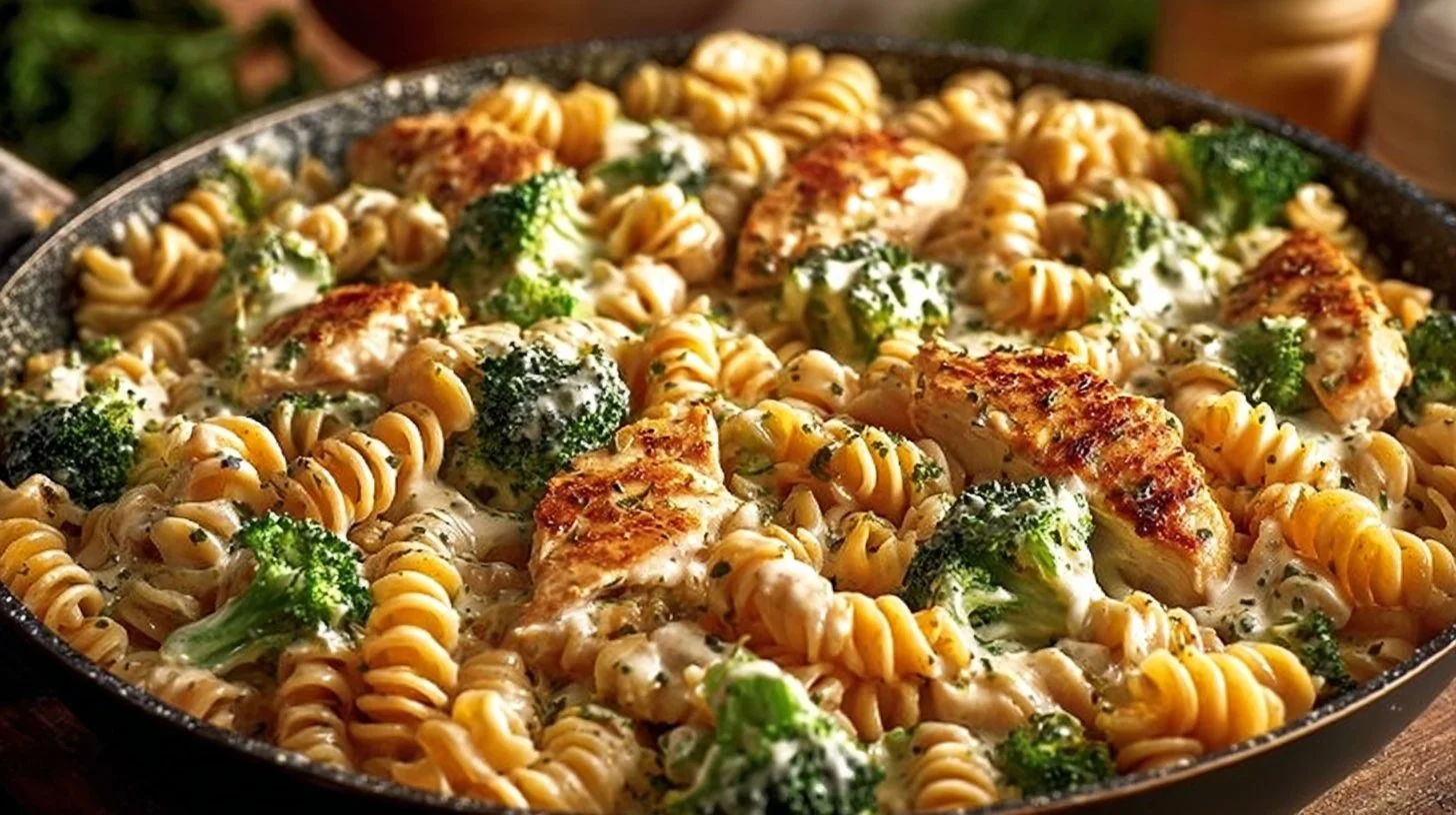 Creamy rotisserie chicken broccoli pasta dish served in a bowl
