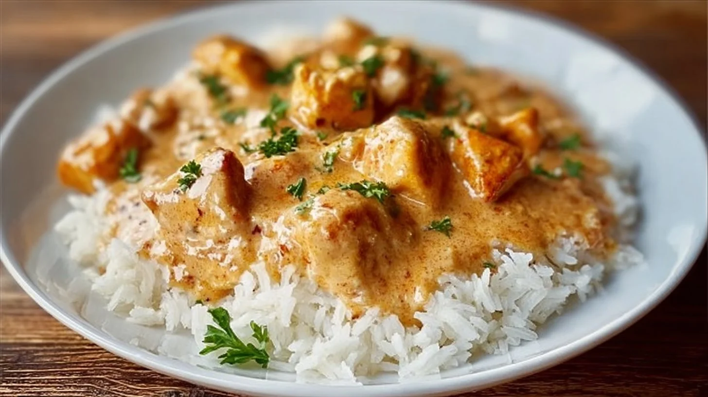 Creamy smothered chicken served over rice with vegetables