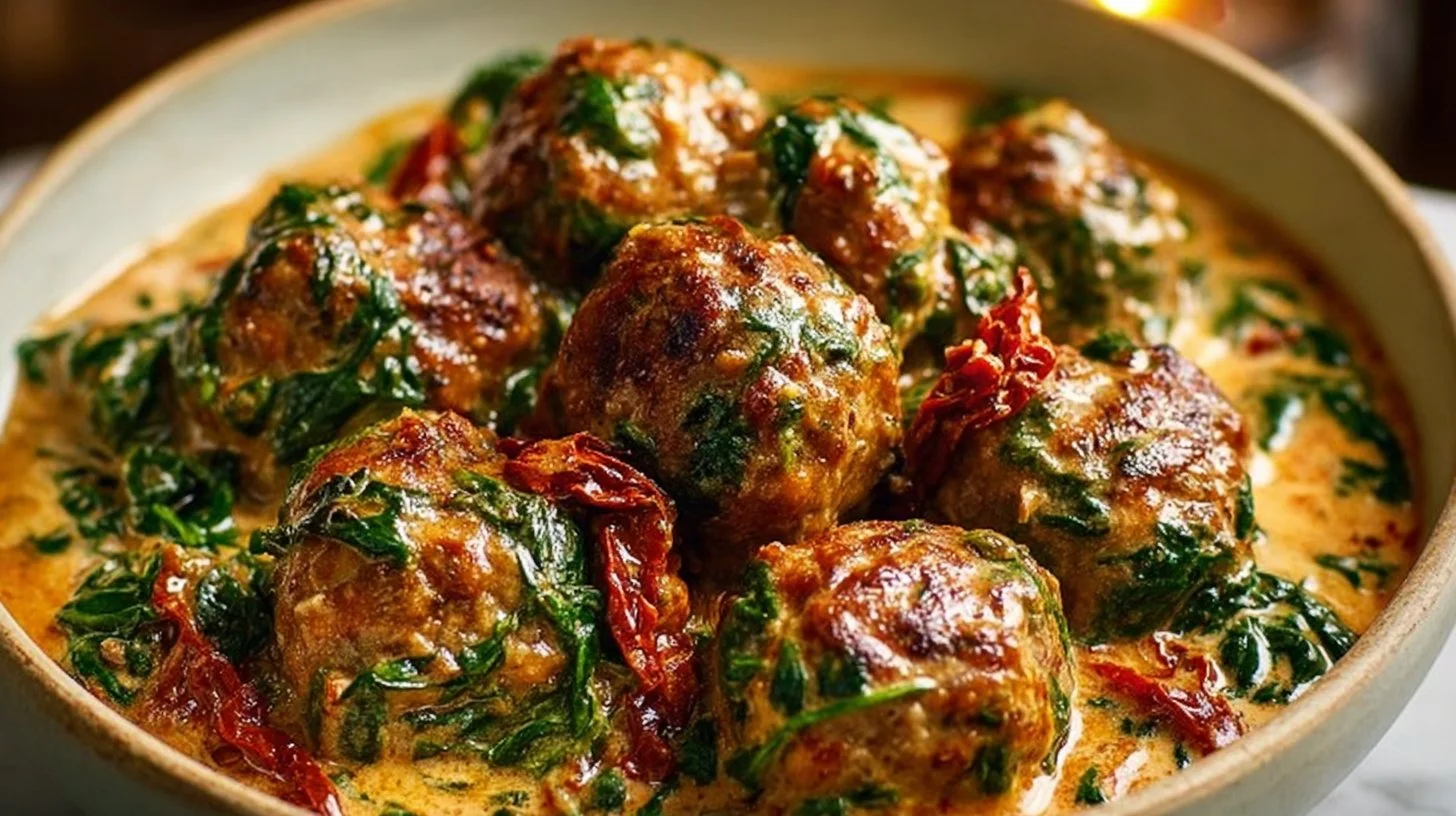 Creamy Tuscan low carb meatballs served in a bowl with herbs and sauce