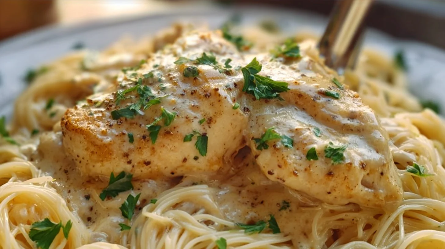 Crock Pot Angel Chicken served on a plate, featuring tender chicken pieces in a creamy sauce.
