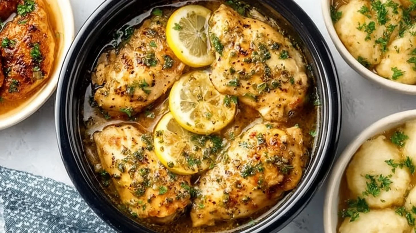 Delicious Crockpot Chicken Breast served with vegetables and herbs.