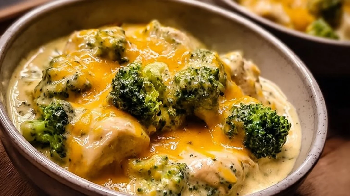 Crockpot creamy broccoli cheddar chicken served in a bowl with a spoon