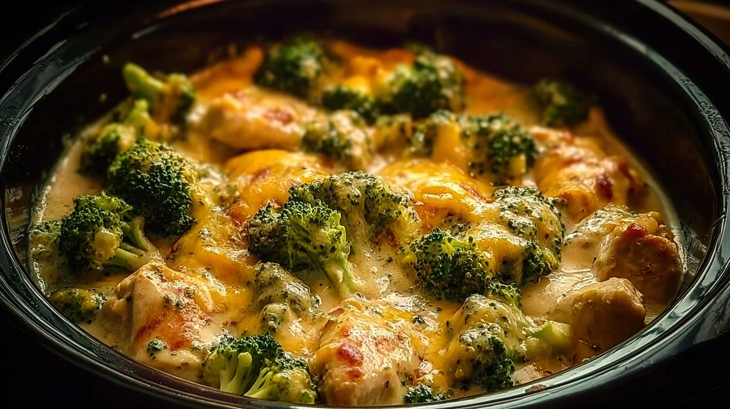 Crockpot Creamy Broccoli Cheddar Chicken served in a bowl