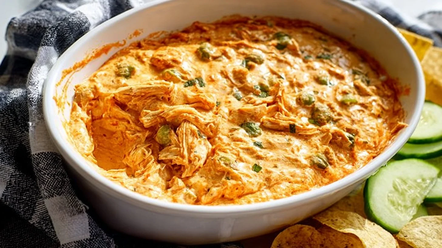 Dairy-free healthy buffalo chicken dip in a bowl with breadsticks