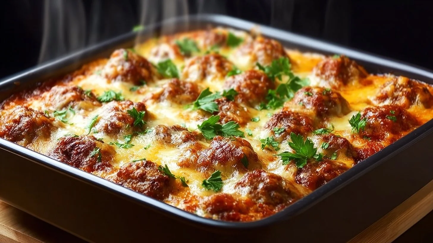 Delicious dump-and-bake meatball casserole topped with melted cheese.