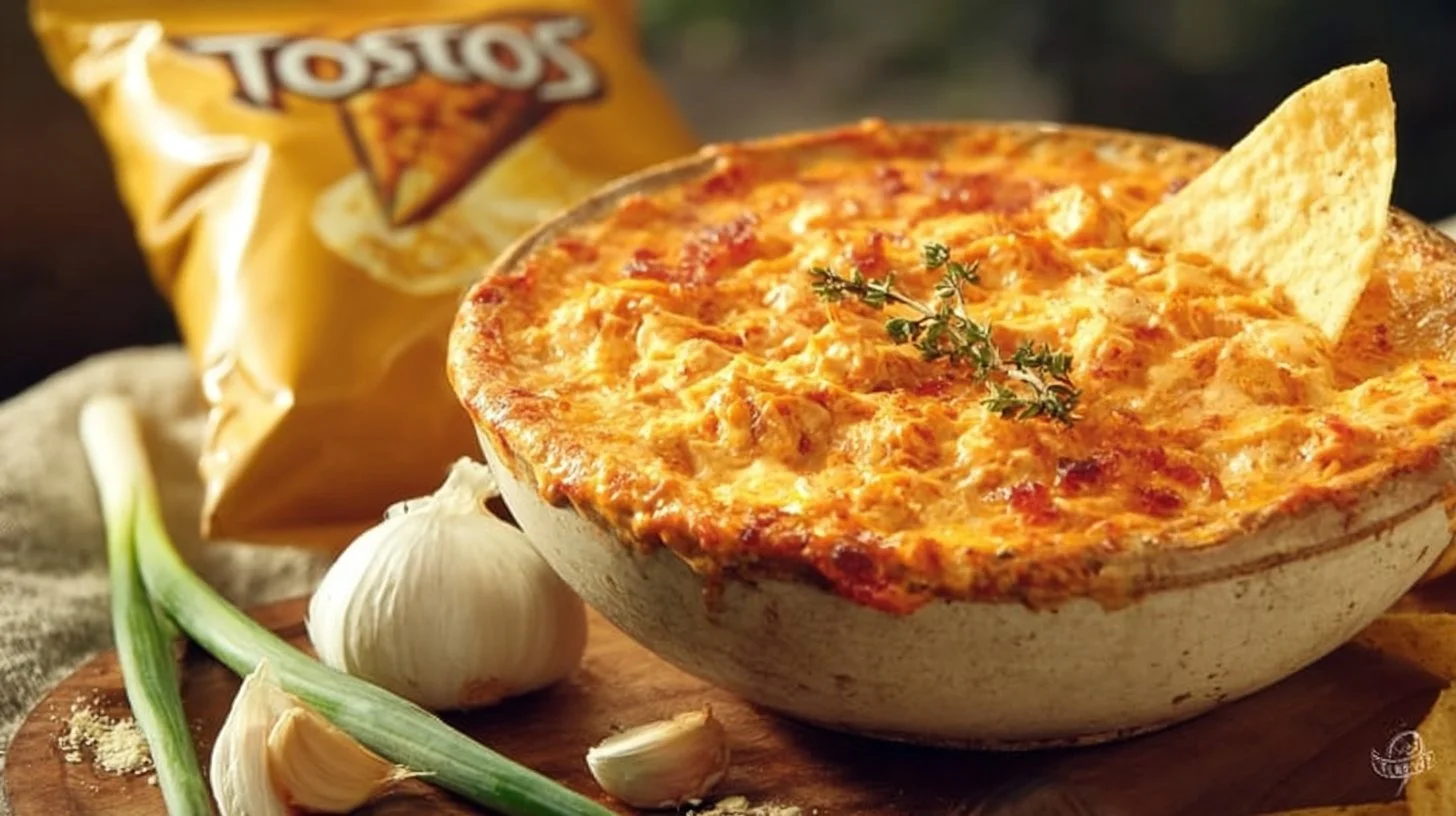 Bowl of easy Buffalo Chicken Dip with celery sticks and tortilla chips