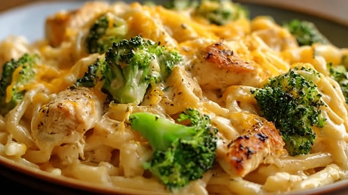 Easy cheesy pasta with rotisserie chicken and broccoli in a bowl