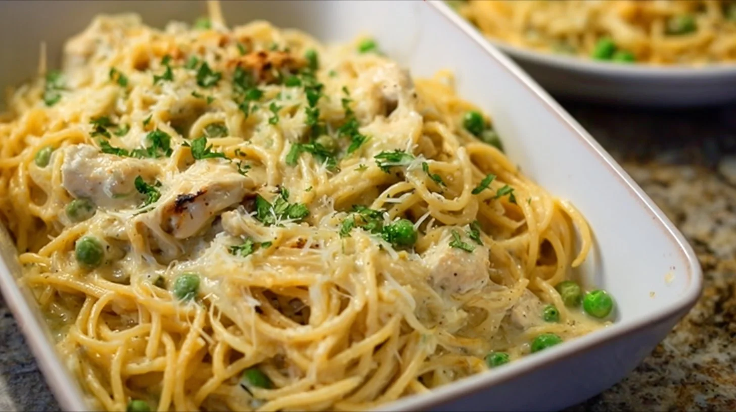 Creamy Chicken Tetrazzini dish served in a bowl with herbs.