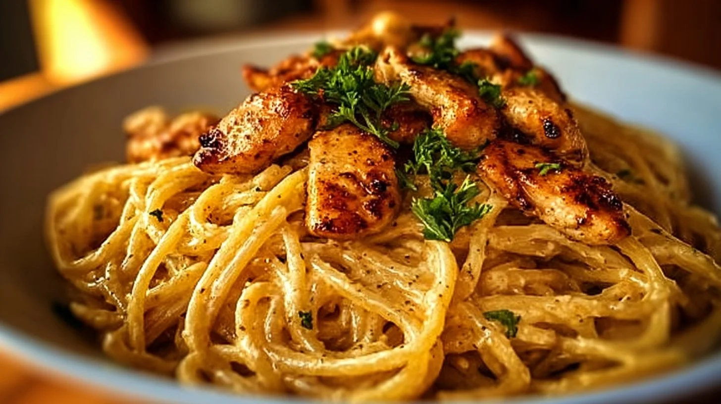 Delicious Easy Cowboy Butter Chicken Linguine served in a bowl with herbs