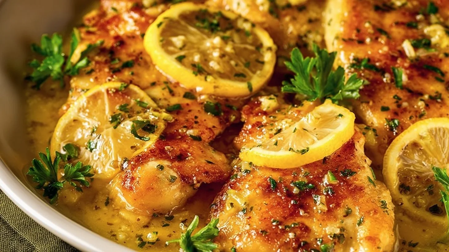 Easy lemon chicken dish garnished with lemon slices and herbs