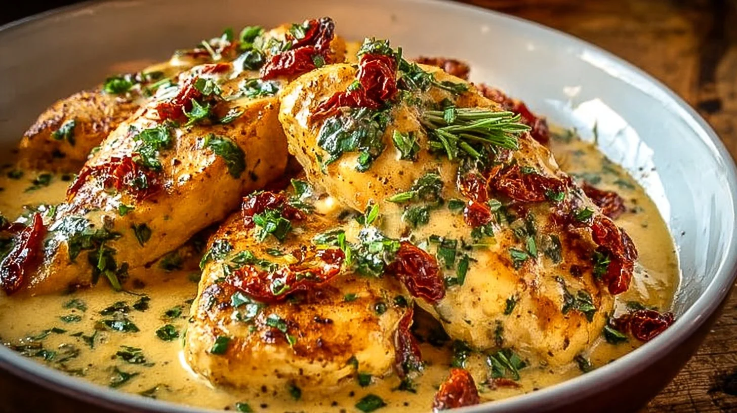 Delicious easy Marry Me Chicken served with herbs and spices