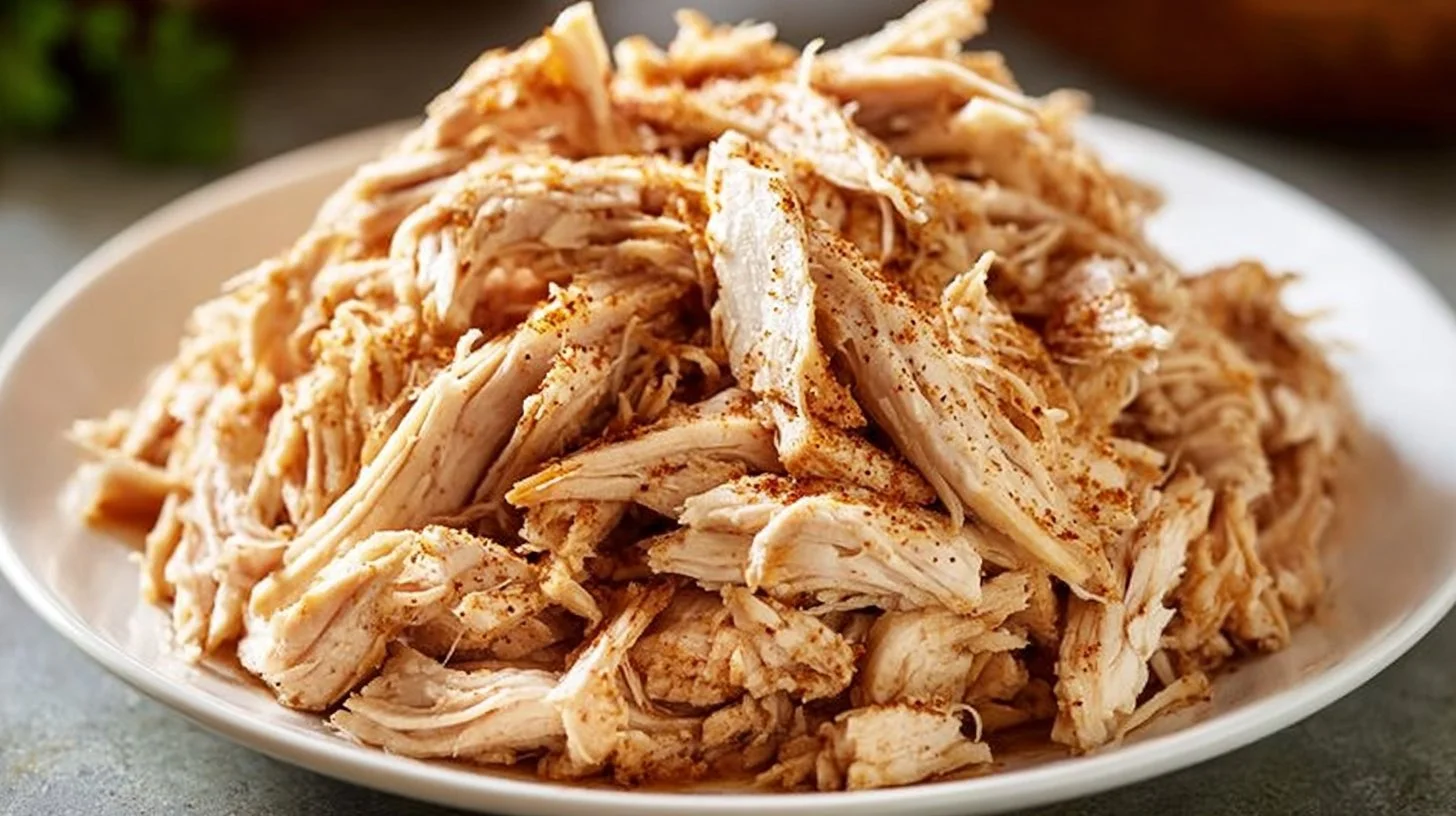 A bowl of effortless slow cooker shredded chicken breast, perfect for quick meals.