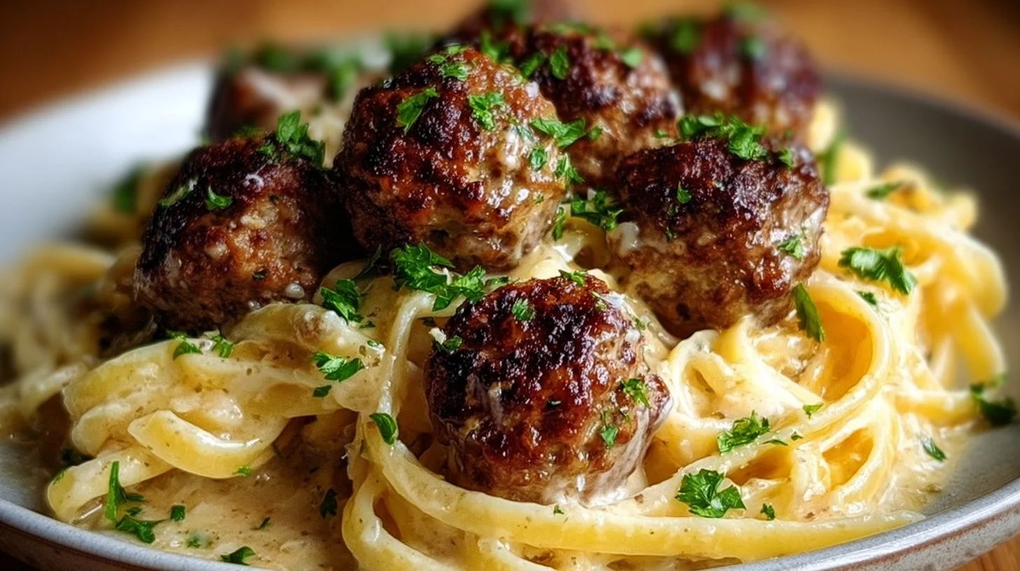 Garlic Butter Meatballs served on a plate with Parmesan Linguine