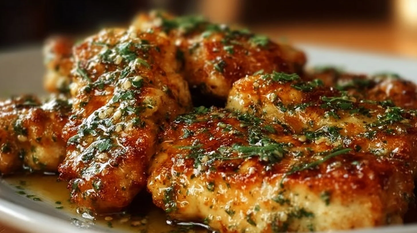 Delicious Garlic Parmesan Chicken garnished with herbs on a plate