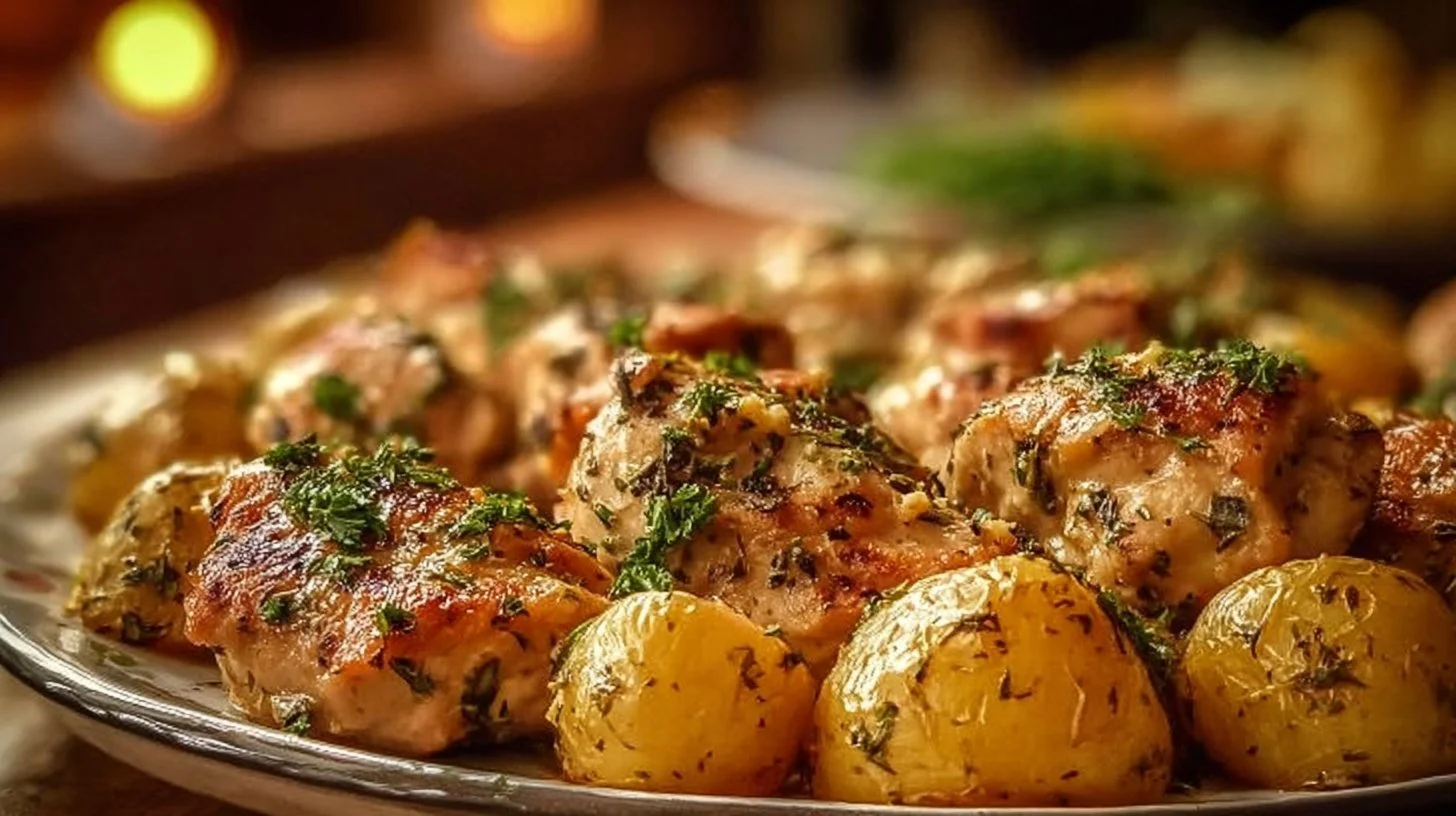 Crockpot Garlic Parmesan Chicken and Potatoes in a serving dish