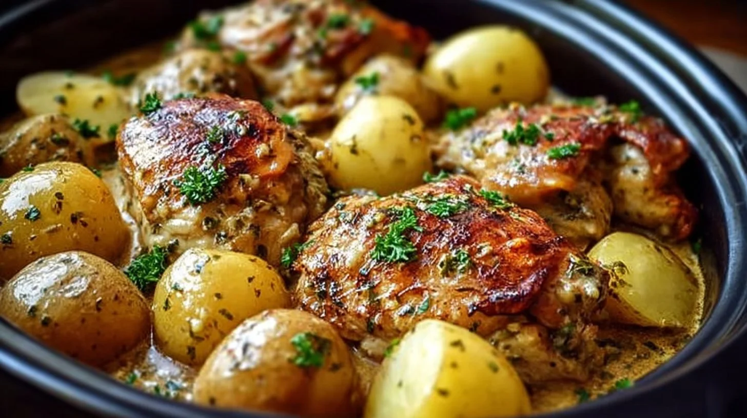 Garlic Parmesan Chicken and Potatoes dish in a slow cooker