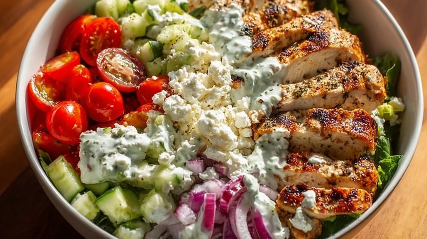 Delicious Greek Chicken Bowl with fresh veggies and herbs
