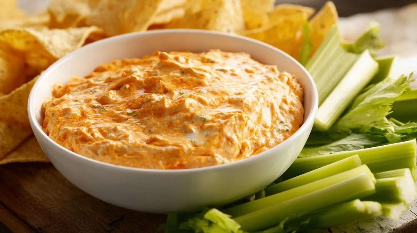 Delicious Greek Yogurt Buffalo Chicken Dip served in a bowl