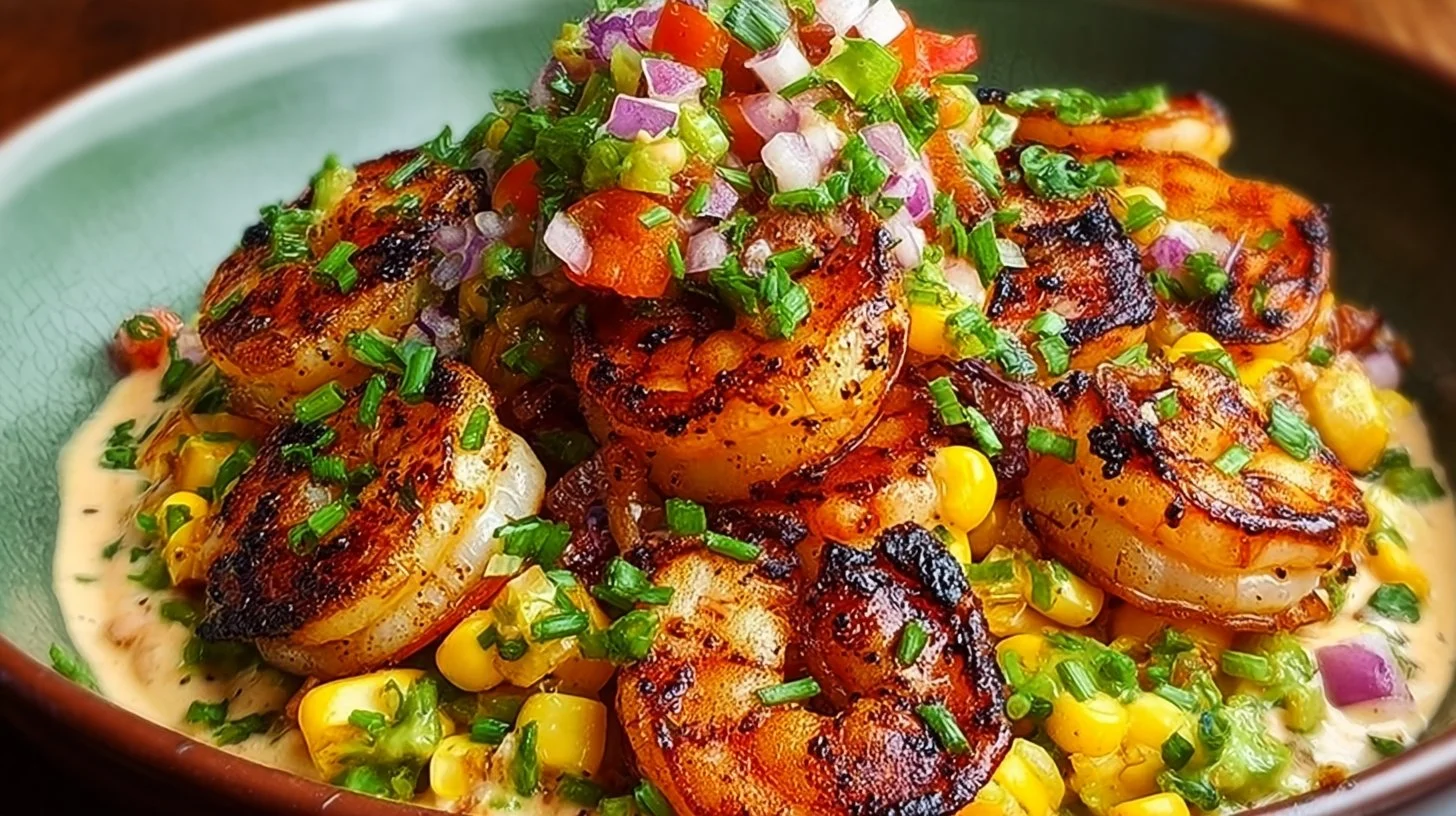 Delicious grilled shrimp bowl with vegetables and rice