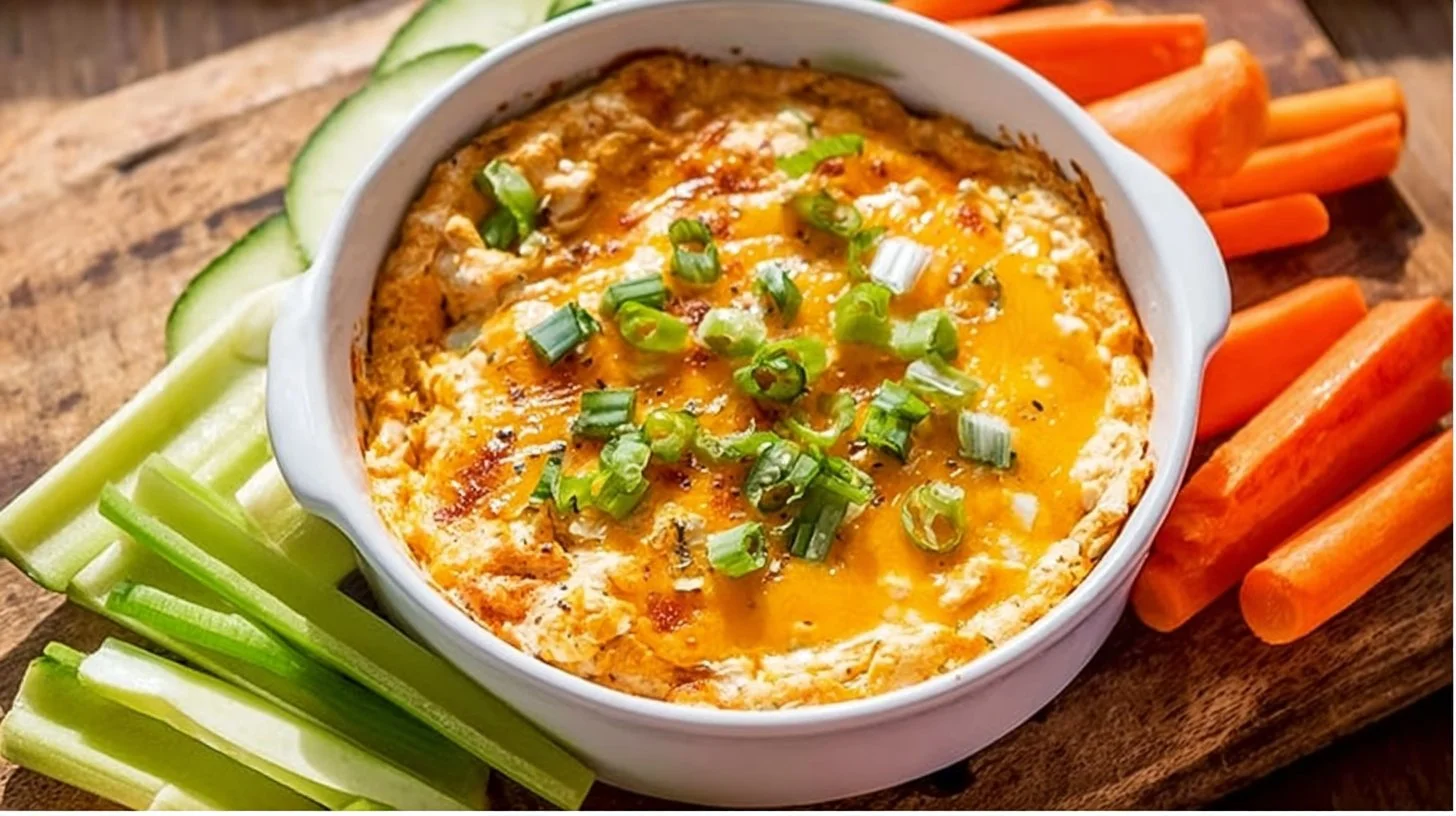 Healthy Buffalo Chicken Dip served in a bowl with celery sticks