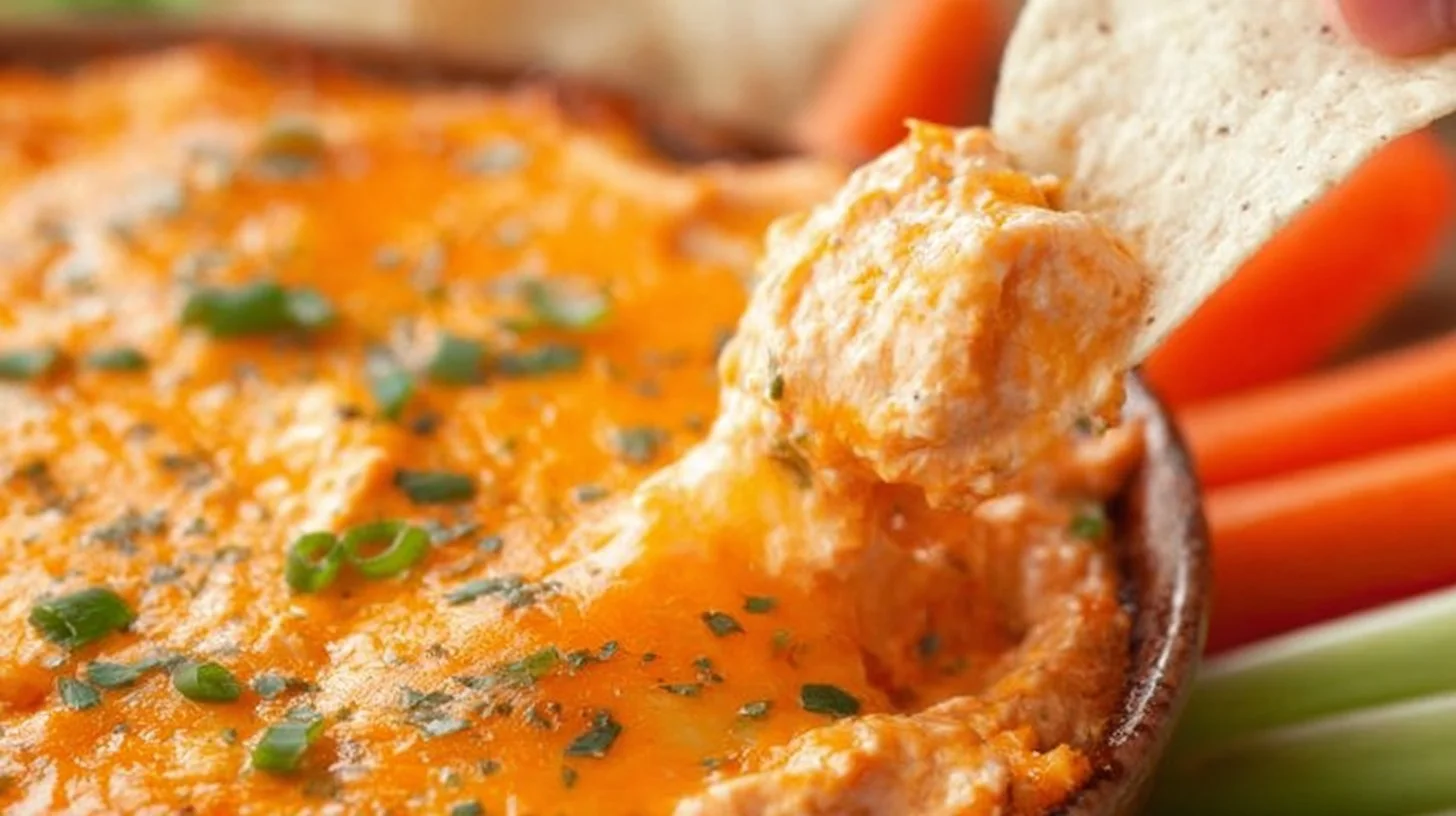Healthy Cottage Cheese Buffalo Chicken Dip served in a bowl with celery sticks