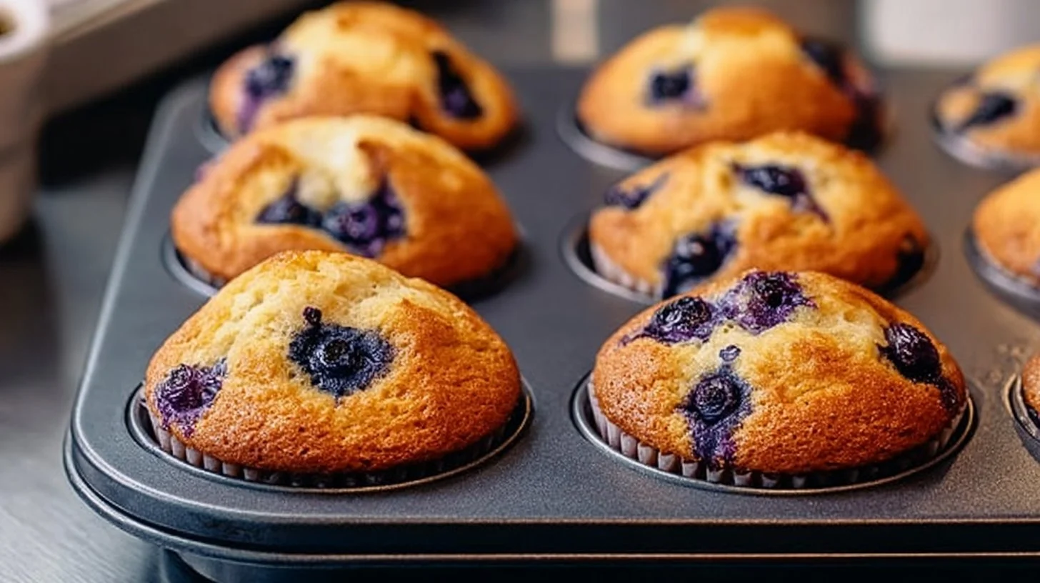 Hearty blueberry protein muffins fresh out of the oven with a golden-brown top.