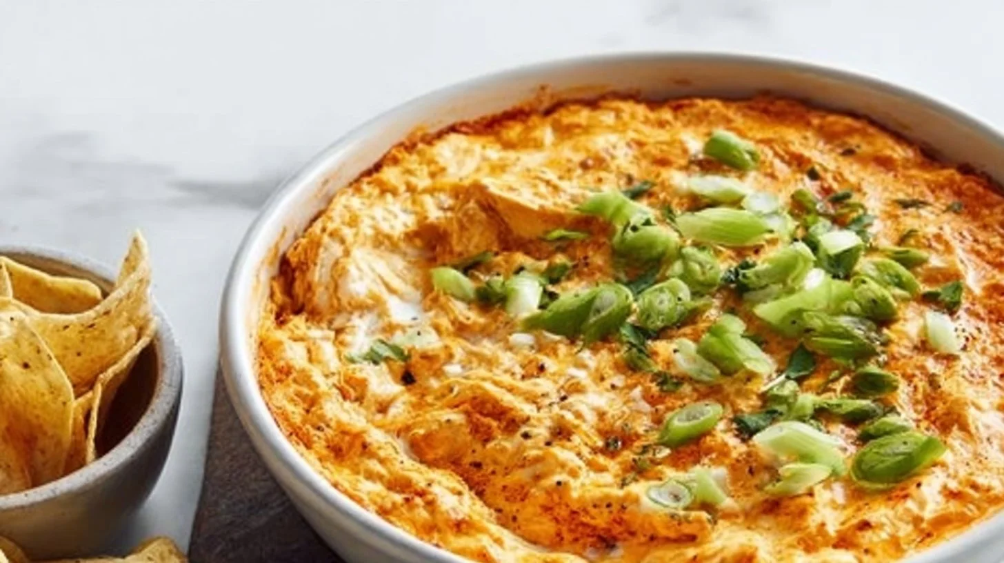 High protein buffalo chicken dip served in a bowl with fresh veggies.