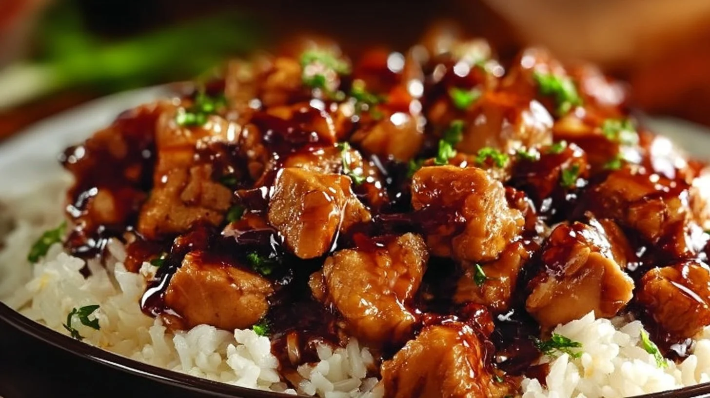 Delicious honey BBQ chicken served over a bed of rice