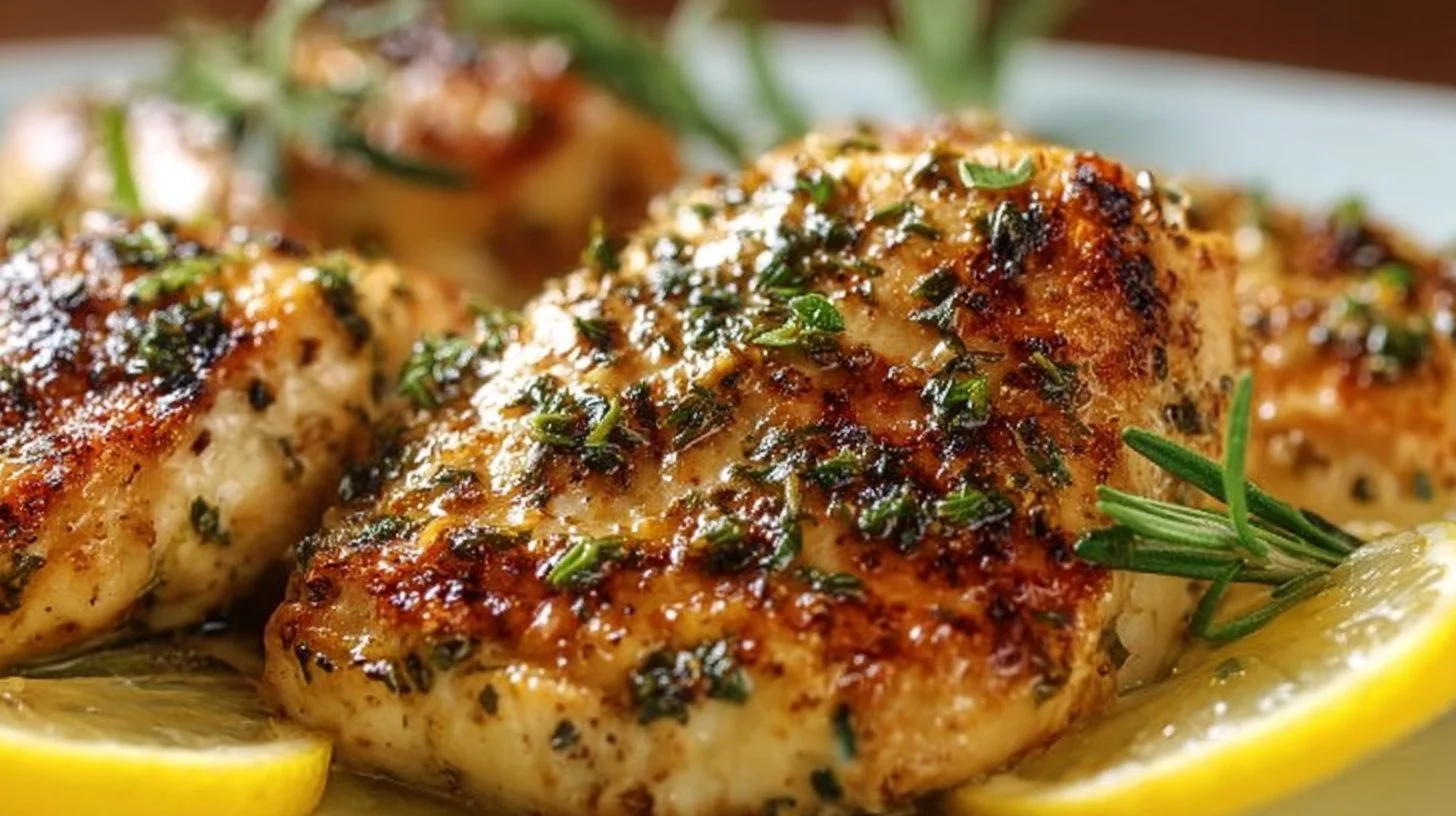 Juicy pan-seared chicken breasts cooked to perfection on a skillet.
