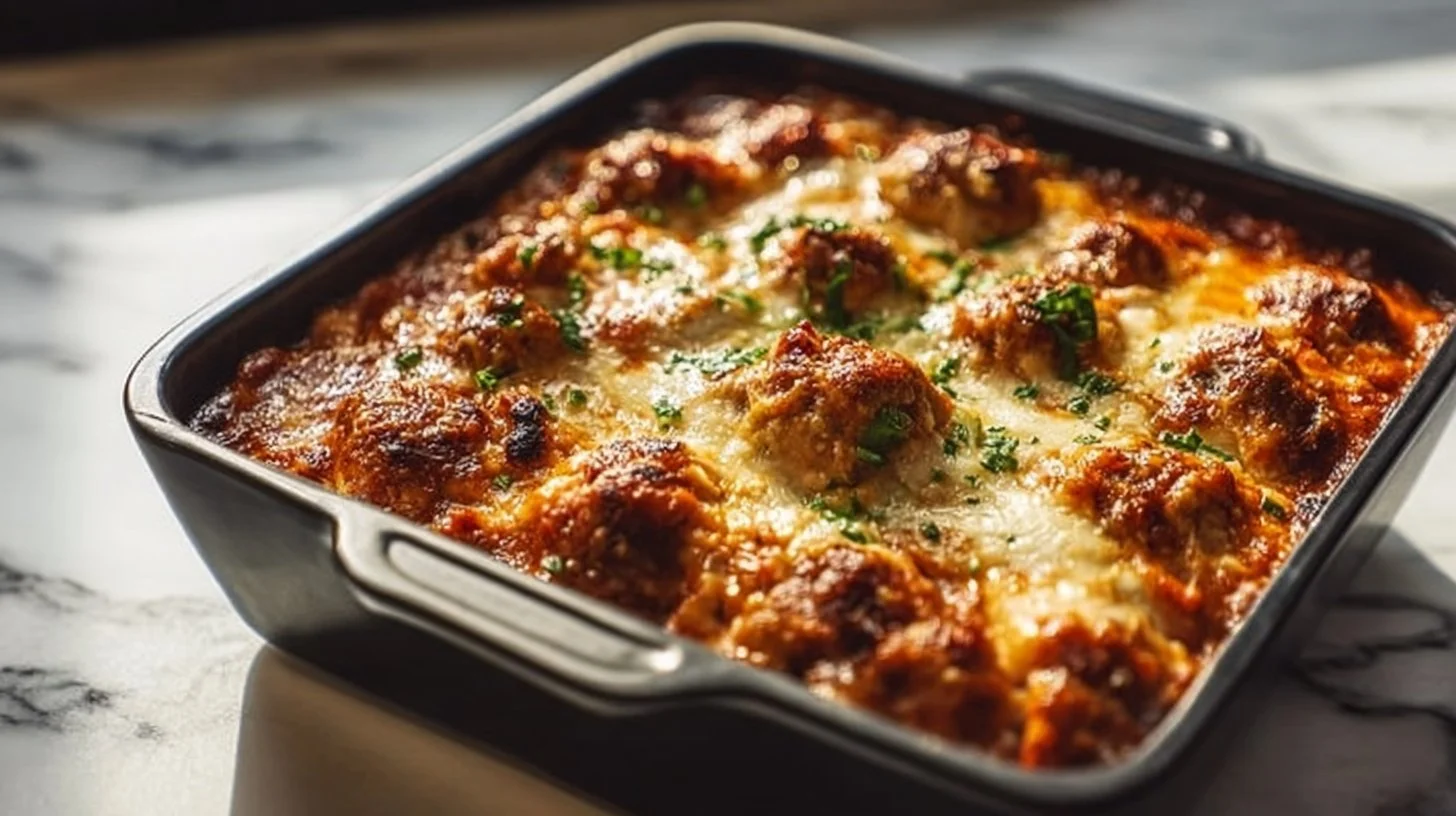 Delicious Keto Meatball Casserole topped with melted cheese and fresh herbs