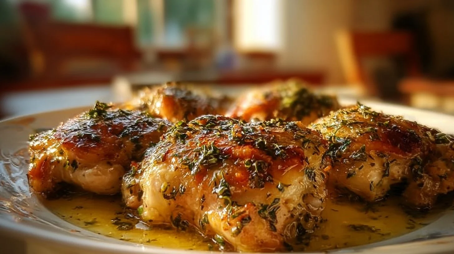 Lemon Garlic Chicken Thighs garnished with fresh herbs