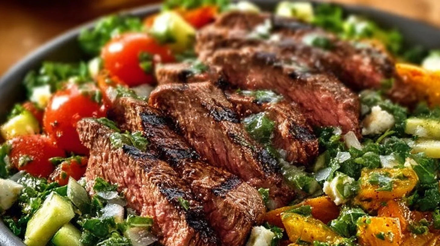 Delicious Mediterranean steak bowl topped with fresh vegetables and herbs