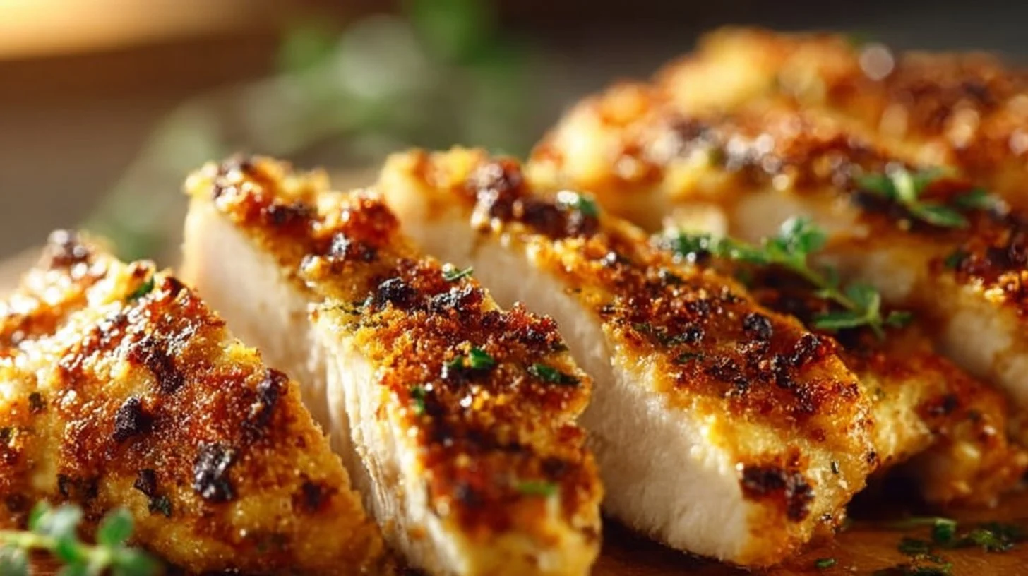 Plate of melt-in-your-mouth chicken breast garnished with herbs