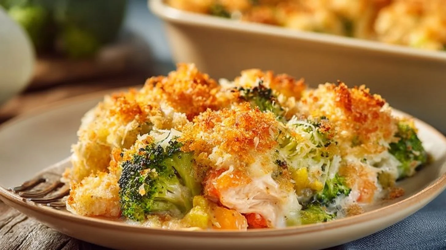 Deliciously baked rotisserie chicken casserole topped with cheese and herbs