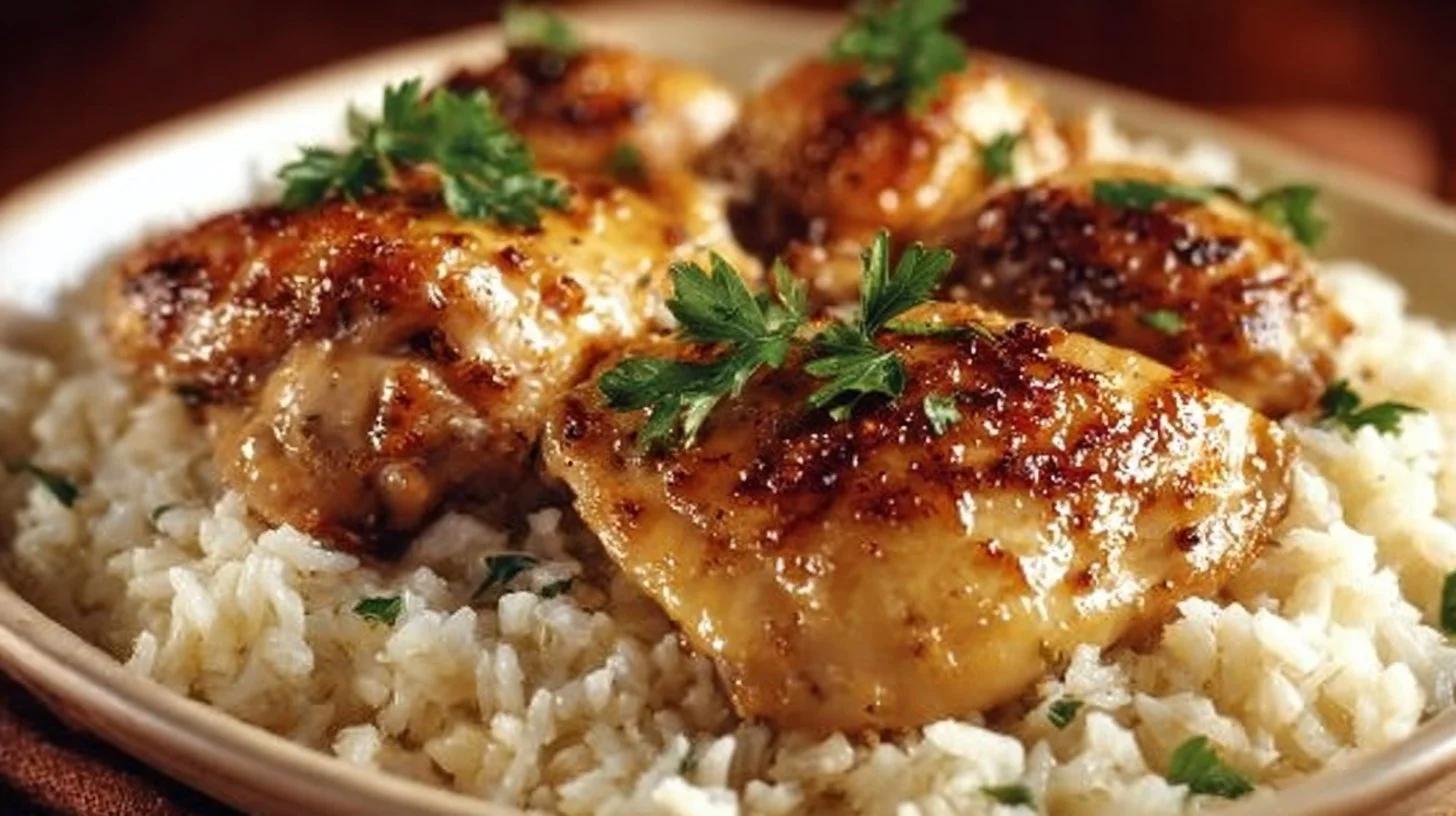 No Peek Chicken and Rice Casserole served in a baking dish