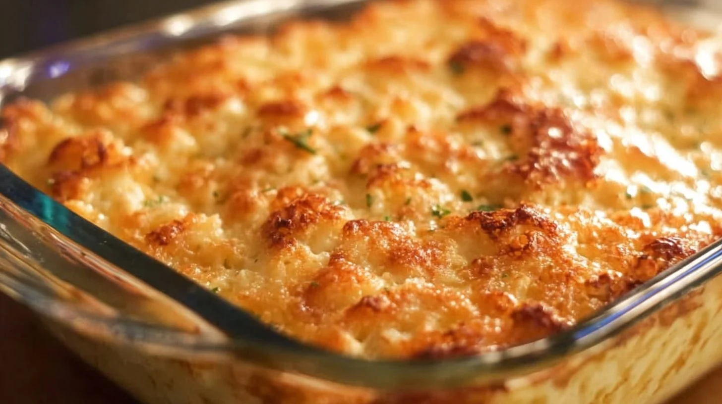 Old School Chicken and Rice Casserole served in a baking dish with fresh herbs