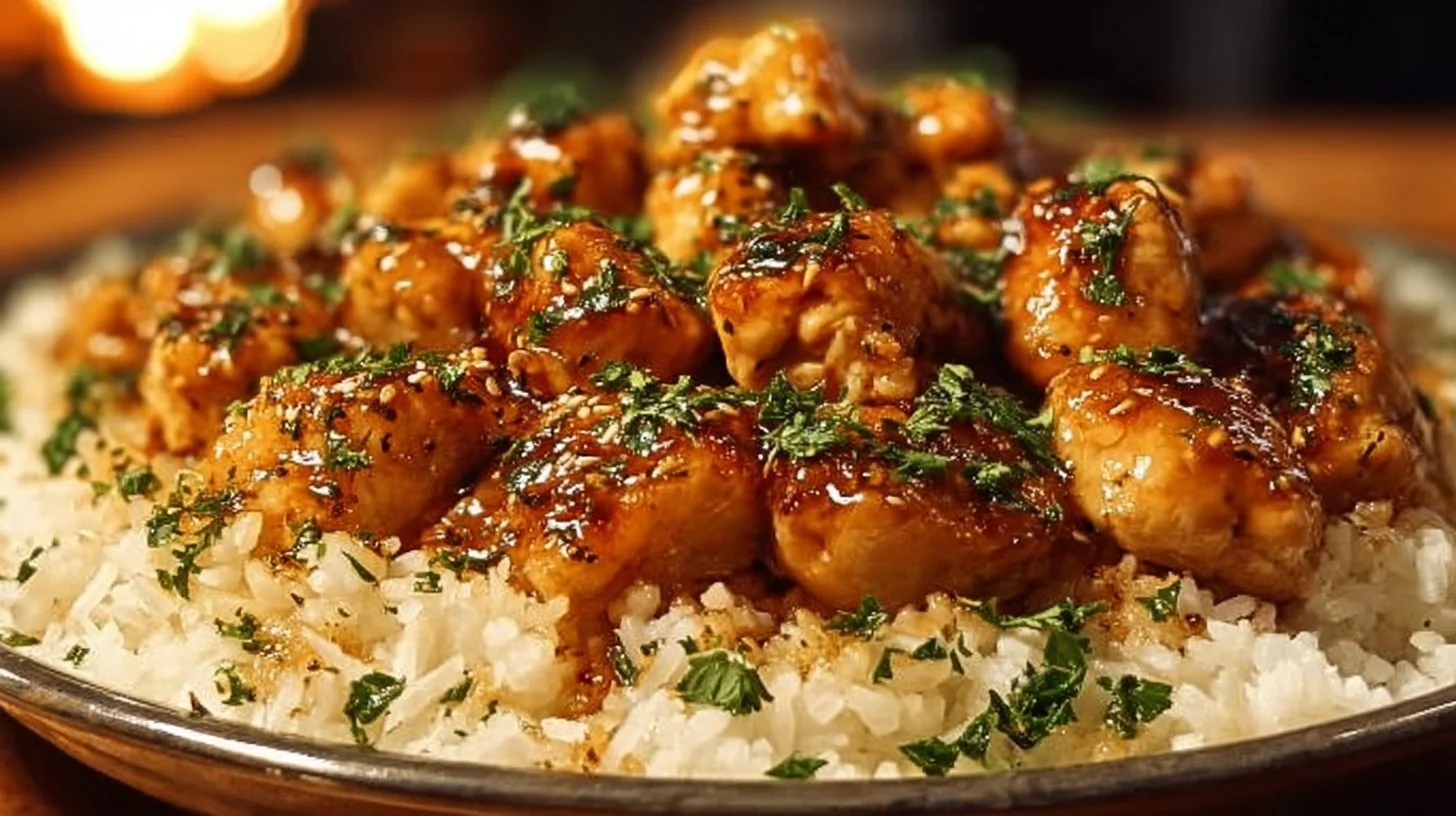 Delicious One-Pan Honey Butter Garlic Chicken served with rice.