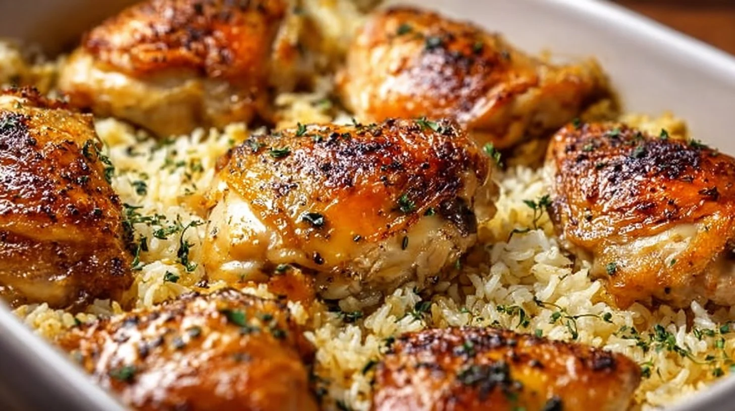 Oven baked chicken served with flavorful rice on a plate.
