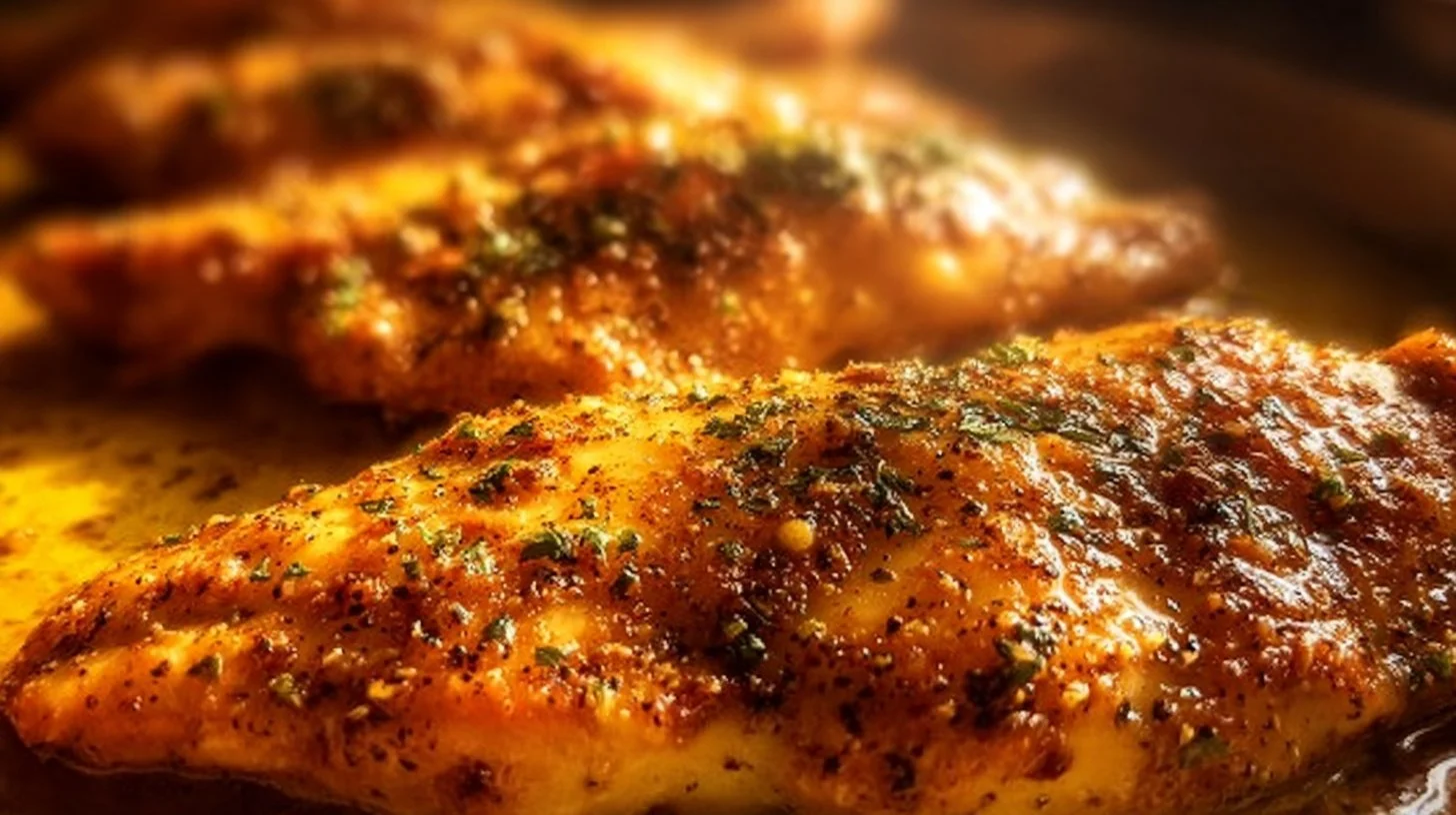 Juicy and flavorful oven baked chicken breast served with herbs and spices.
