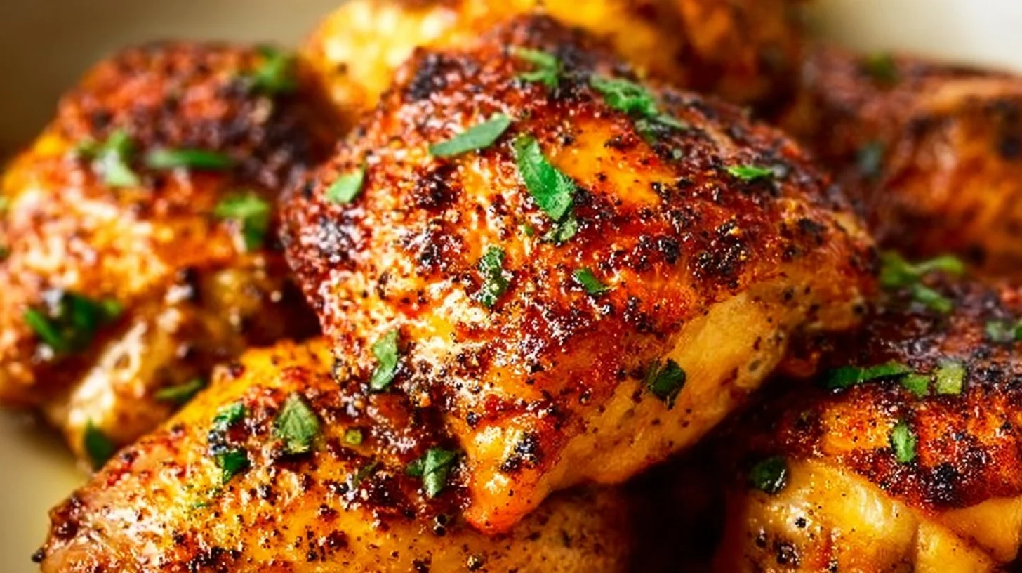 Delicious oven baked chicken thighs garnished with herbs and spices.