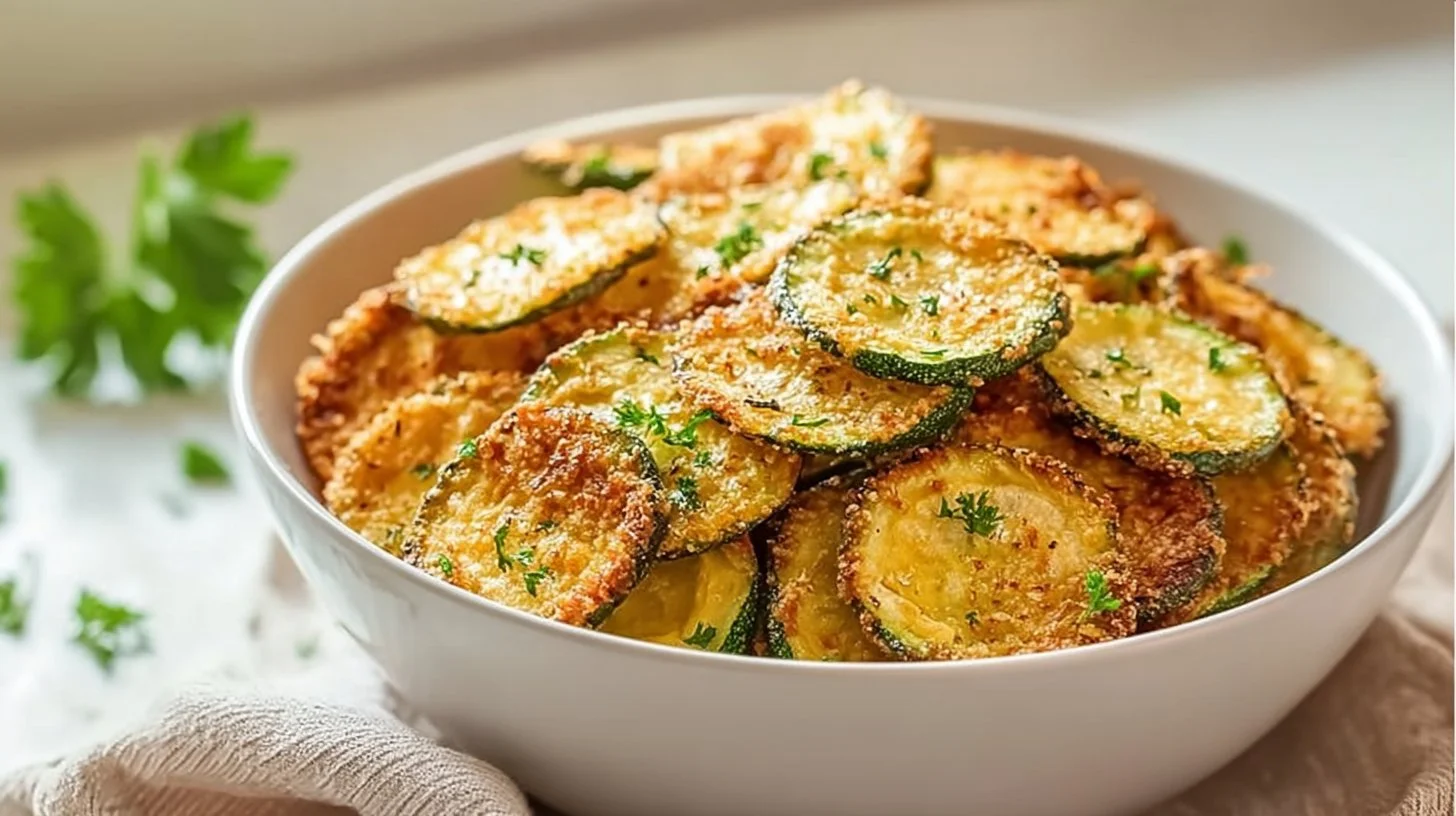 Plate of crispy oven-baked zucchini chips, a healthy snack option.