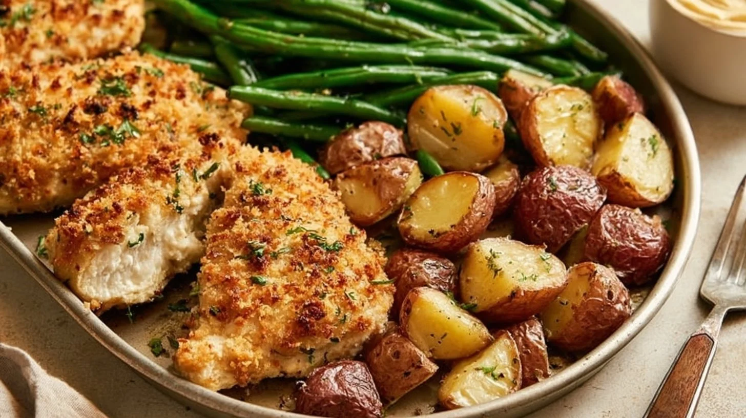 Parmesan Crusted Chicken on a sheet pan with colorful vegetables