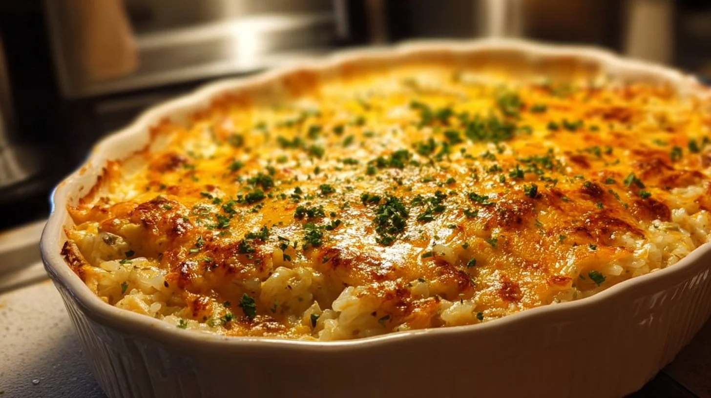 Delicious Pioneer Woman Chicken Rice Casserole served in a baking dish