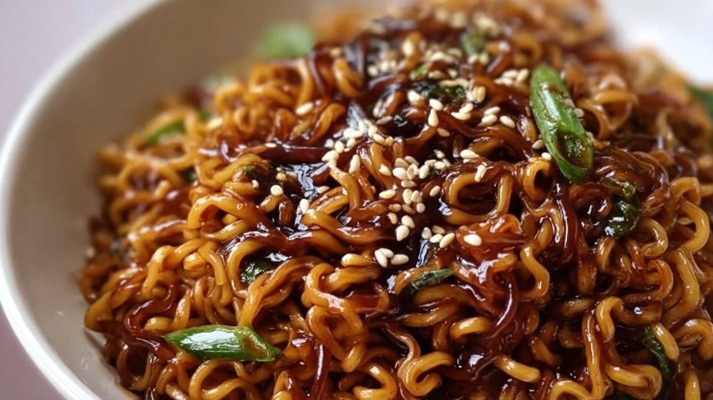 Quick Blackstone ramen noodles dish served in a bowl with fresh toppings.