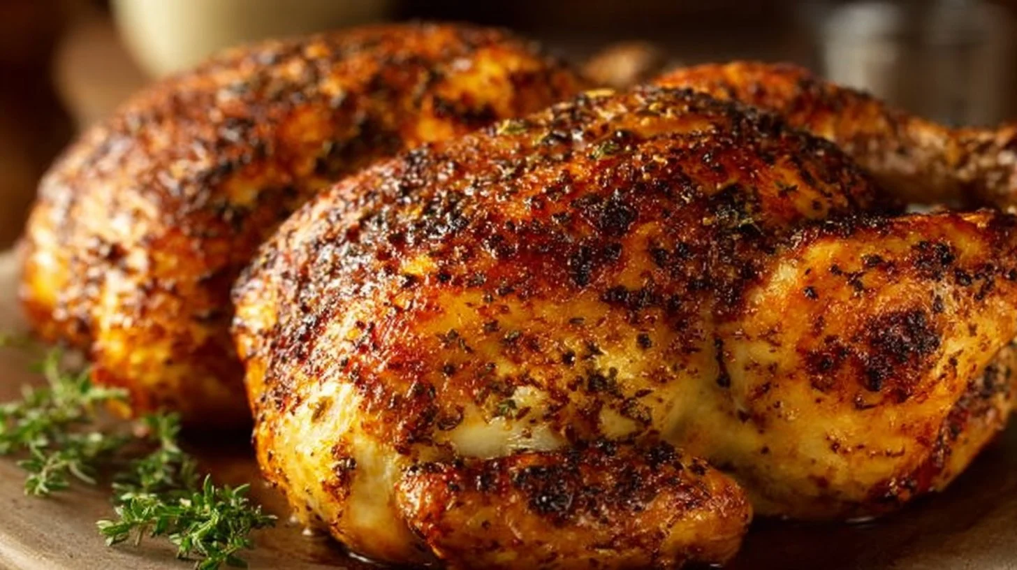 Golden brown rotisserie chicken freshly cooked and garnished.