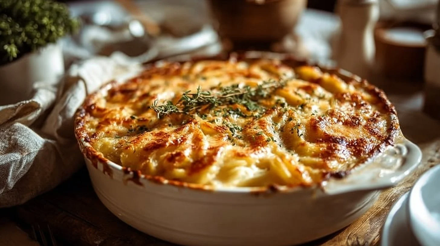 Delicious rotisserie chicken casserole topped with cheese and herbs