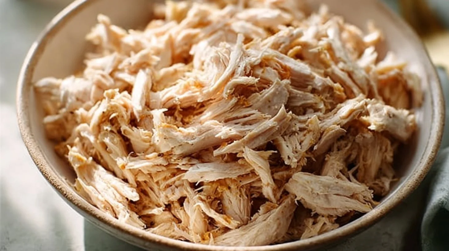 Plate of tender shredded chicken served with fresh vegetables