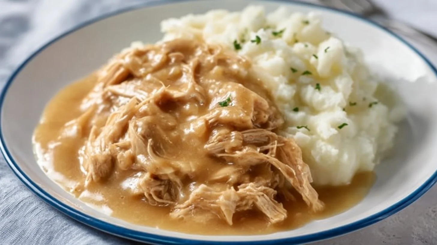 Plate of shredded chicken with rich gravy, served with sides.